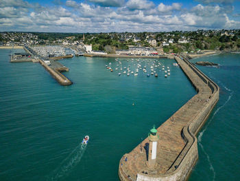 High angle view of sailboat in sea