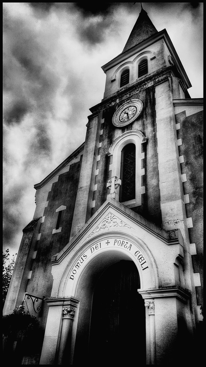 architecture, low angle view, built structure, church, religion, building exterior, place of worship, spirituality, sky, cathedral, cross, arch, history, tower, clock tower, cloud - sky, auto post production filter, transfer print