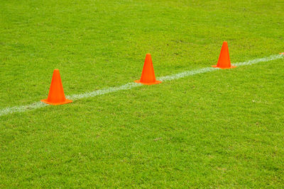 Traffic cones on grassy field
