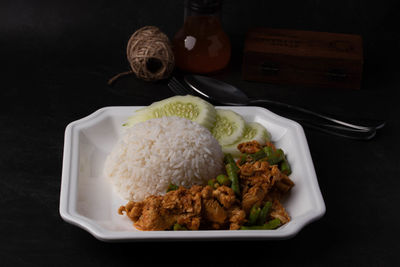 High angle view of meal served on table