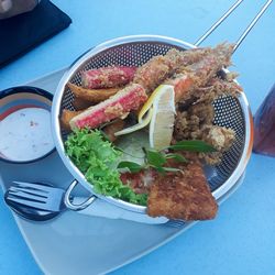 High angle view of meal served on table