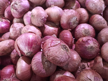 Red onions in plenty on display at local farmer's market, big fresh red onions background