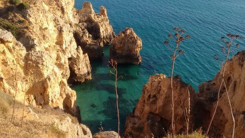 High angle view of rock formation in sea