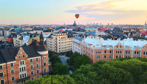 High angle view of buildings in city