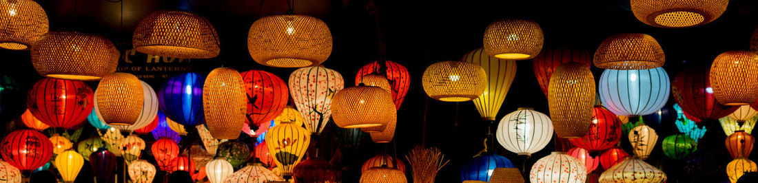 Panoramic shot of multi colored lanterns hanging for sale