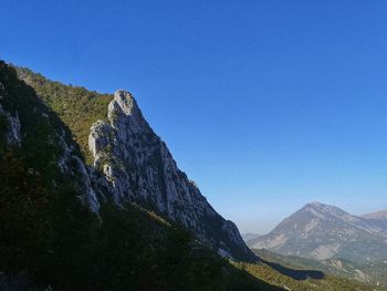 Scenic view of rocky mountains against clear blue sky