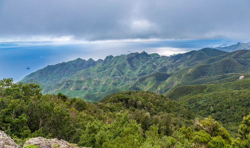 Scenic view of mountains and sea against sky