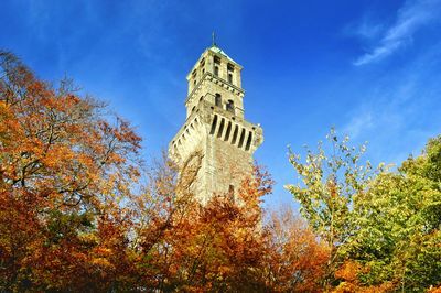 Low angle view of church against blue sky