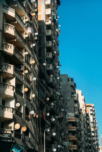 Exterior of buildings in city against clear sky