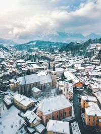 High angle view of townscape against sky during winter