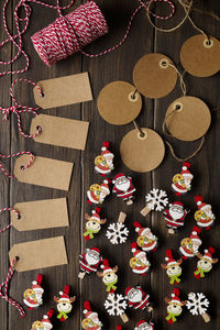 High angle view of christmas decorations on table