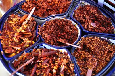 High angle view of spices in container