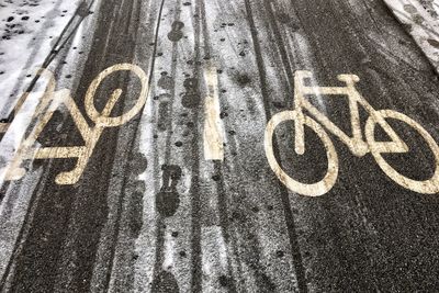 High angle view of text written on road