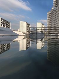 Reflection of buildings in city against sky