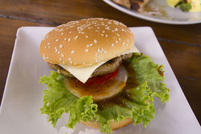 Close-up of burger in plate