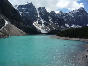 Scenic view of lake and mountains against sky