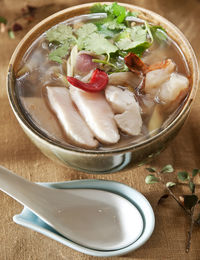 High angle view of food in bowl on table