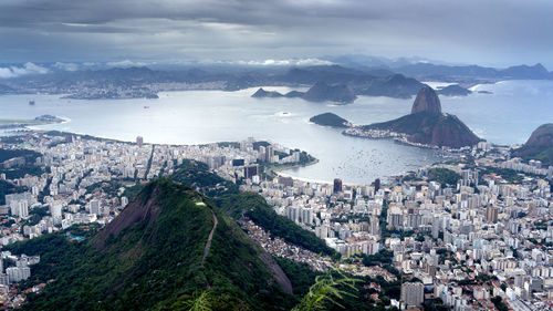 High angle view of city and buildings against sky