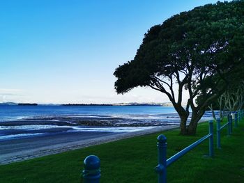 Scenic view of sea against clear blue sky