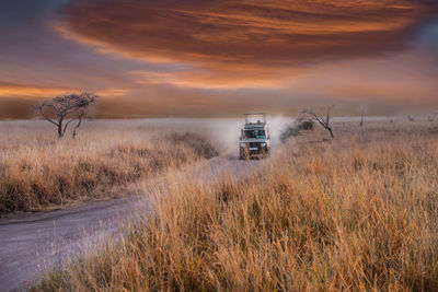 Car on dirt road amidst field against sky during sunset