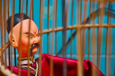 Close-up of male figurine in birdcage