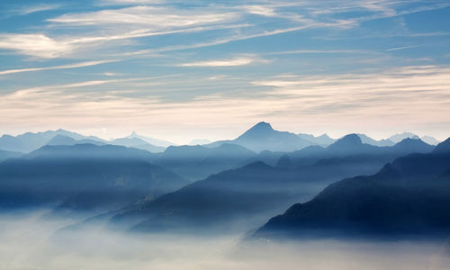 Scenic view of mountains against sky during sunset