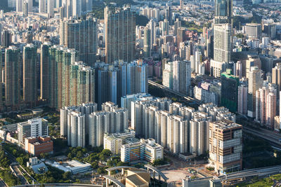 High angle view of modern buildings in city