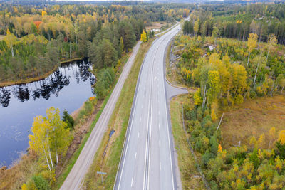 High angle view of road amidst trees