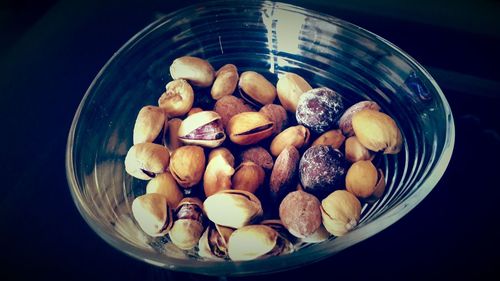 High angle view of eggs in bowl on table