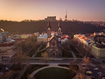 High angle view of city buildings during sunset