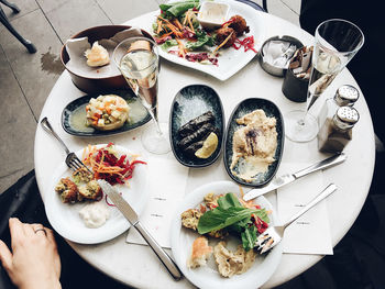 High angle view of food served on table