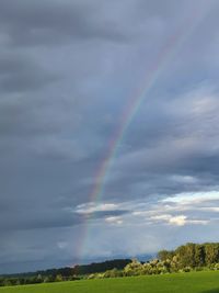 Rainbow over field against sky