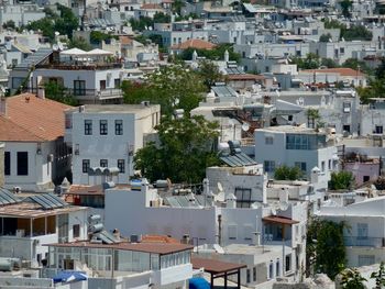 High angle view of houses in town