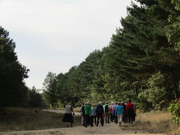 Rear view of people walking on country road