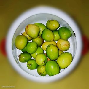 High angle view of fruits in bowl on table