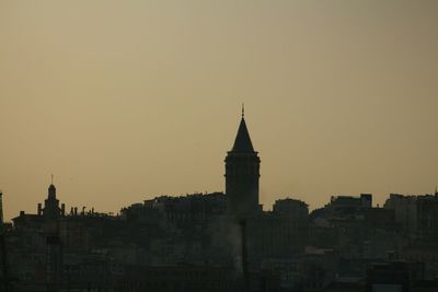 View of buildings in city against clear sky