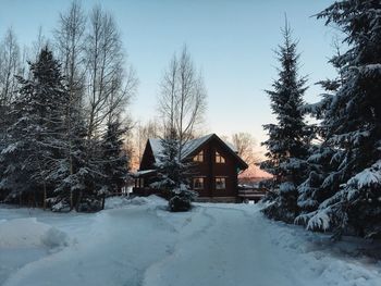 House by trees against sky during winter