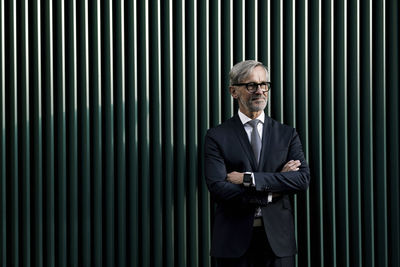Portrait of grey-haired businessman in front of green wall