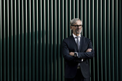 Portrait of grey-haired businessman in front of green wall