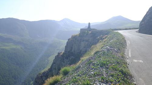 Panoramic view of landscape and mountains against clear sky