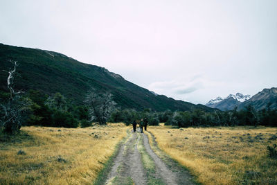 Rear view of people walking on footpath against sky in autumn