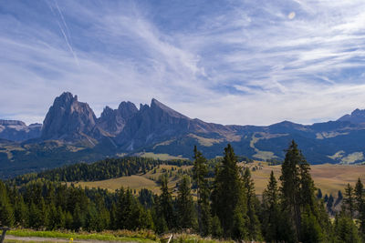 Panoramic landscape view of dolomites italy, alps siusi at ortisei italy.on october.