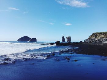 Scenic view of sea against blue sky