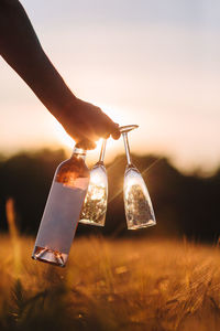 Close-up of person holding umbrella on field against sky during sunset