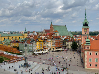 High angle view of townscape against cloudy sky