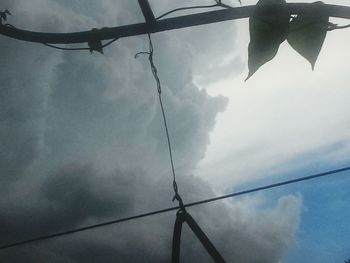 Low angle view of power lines against cloudy sky