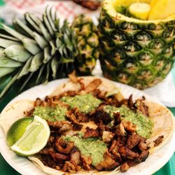 Close-up of food served on table