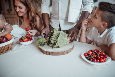 High angle view of people in plate