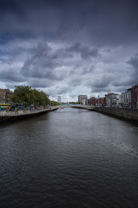View of canal in city against cloudy sky