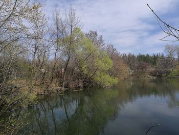 Reflection of trees in lake against sky